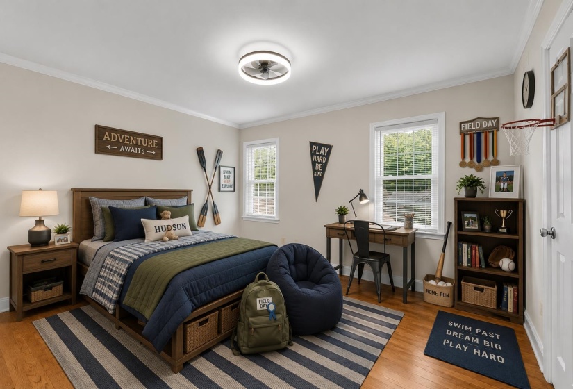 Bright third bedroom with hardwood floors, large windows, and flexible space. This photo has been virtually staged.