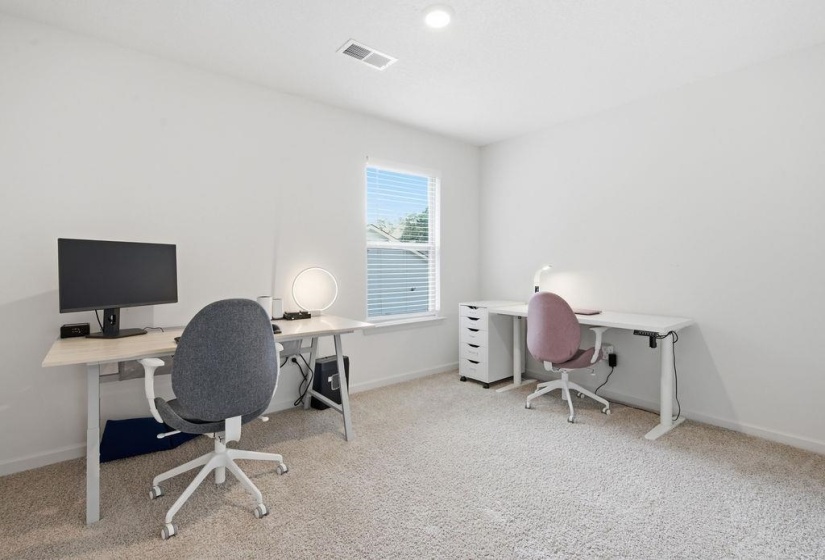 Bright room featuring neutral carpeting and white walls