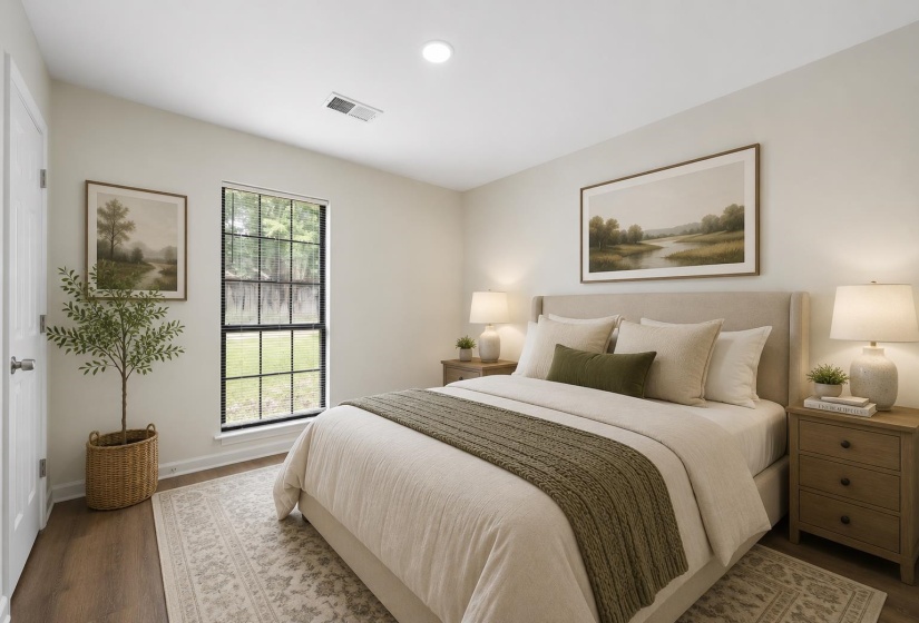 Inviting secondary bedroom with updated flooring, fresh paint, large window, and a versatile layout. This photo has been virtually staged.