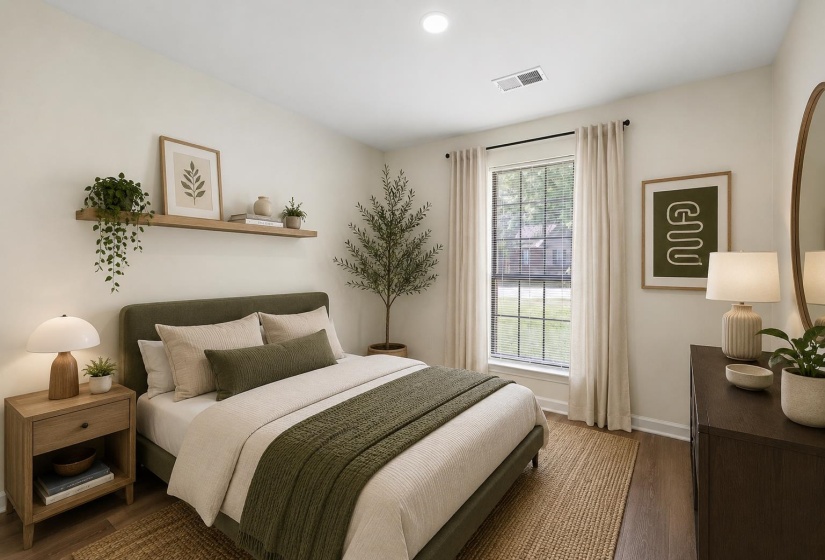 Charming third bedroom offering updated finishes, abundant natural light, and flexible space to fit a variety of lifestyle needs. This photo has been virtually staged.