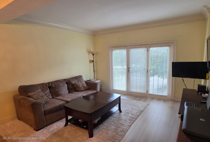 Room featuring crown molding, wood-finish flooring, and French doors with integrated blinds