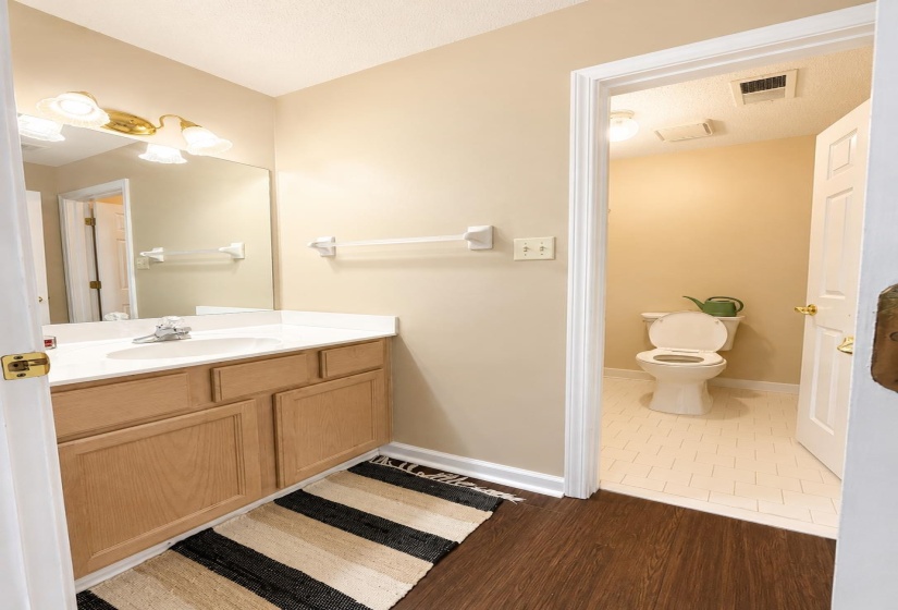 Upstairs Bathroom vanity with wood cabinetry, white countertop, and integrated sink
