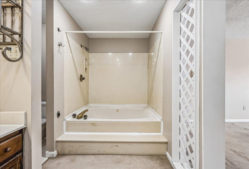 Soaking tub with integrated shower, accented by brass-finish fixtures