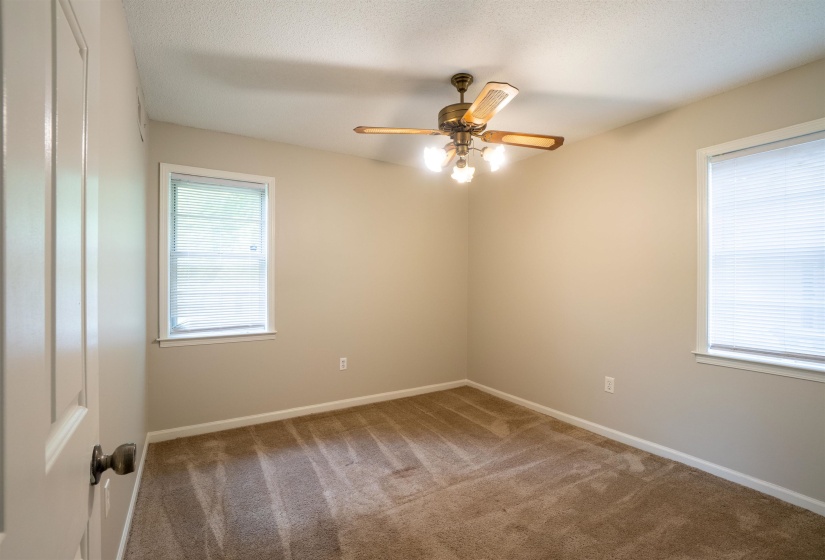 Carpeted interior room featuring a ceiling fan with light kit, two windows with blinds, neutral wall paint, and a white paneled door with dark hardware