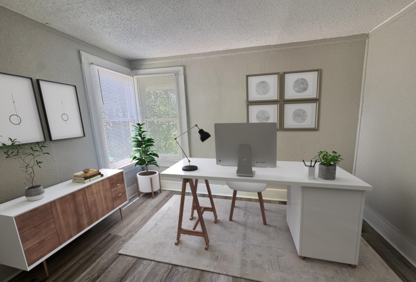Bright room featuring wood-finish flooring, two large windows with blinds, and neutral wall tones
