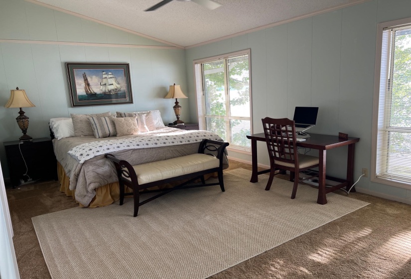 Carpeted room with light blue vertical paneling and an angled ceiling