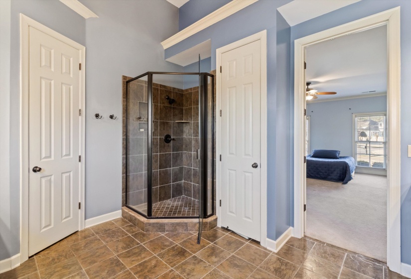 Ensuite bathroom with a shower stall and ceiling fan
