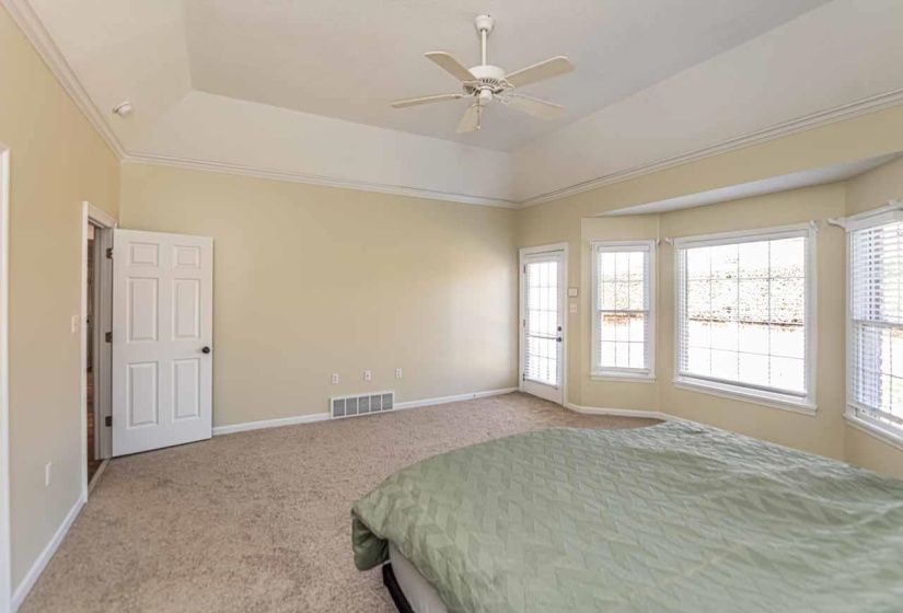 Bedroom with crown molding, multiple windows, light carpet, ceiling fan, and a raised ceiling