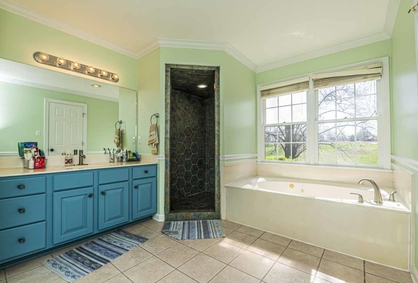 Bathroom with vanity, a bath, tiled shower, crown molding, and light tile patterned floors