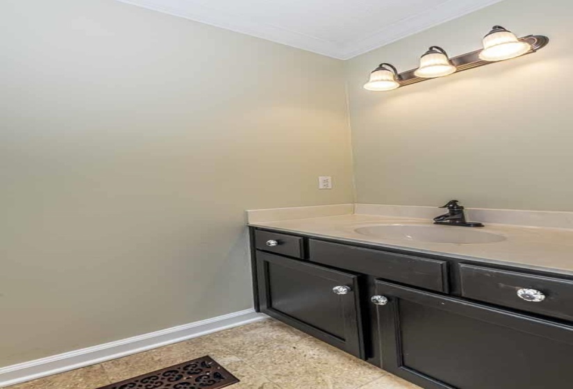 Bathroom featuring vanity and crown molding