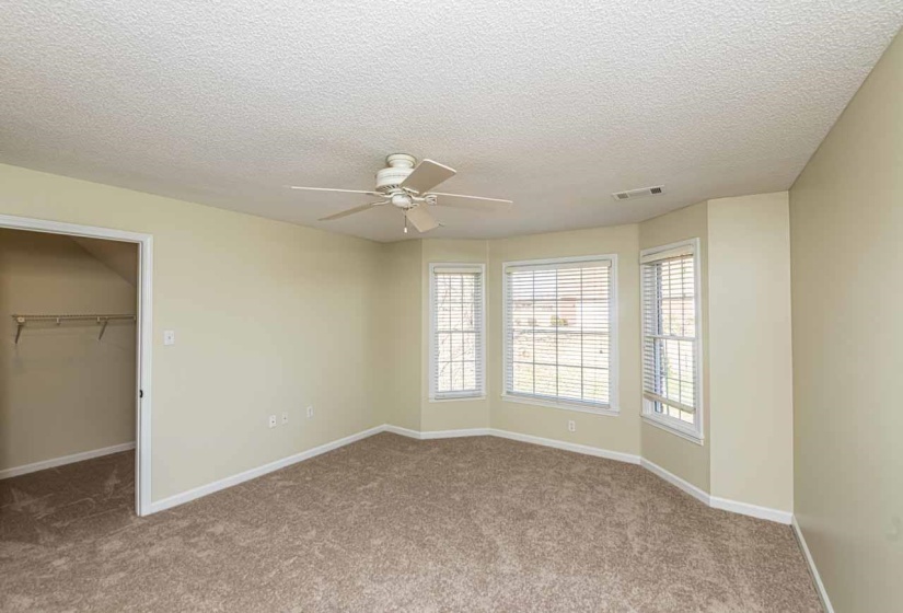 Unfurnished bedroom featuring a spacious closet, a textured ceiling, carpet, and a ceiling fan