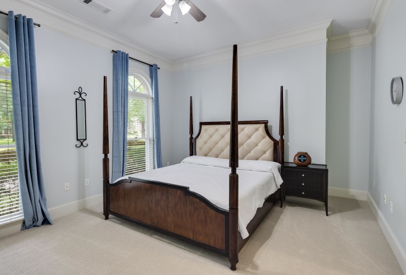 Room featuring arched windows with blinds, crown molding, and a ceiling fan