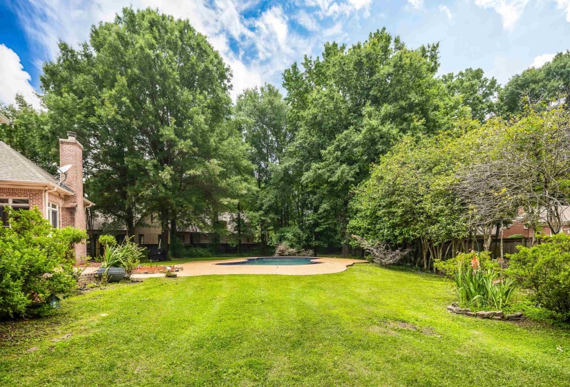 Expansive backyard featuring a lush lawn, mature trees, a curvilinear swimming pool, and a brick-clad residence with a visible chimney