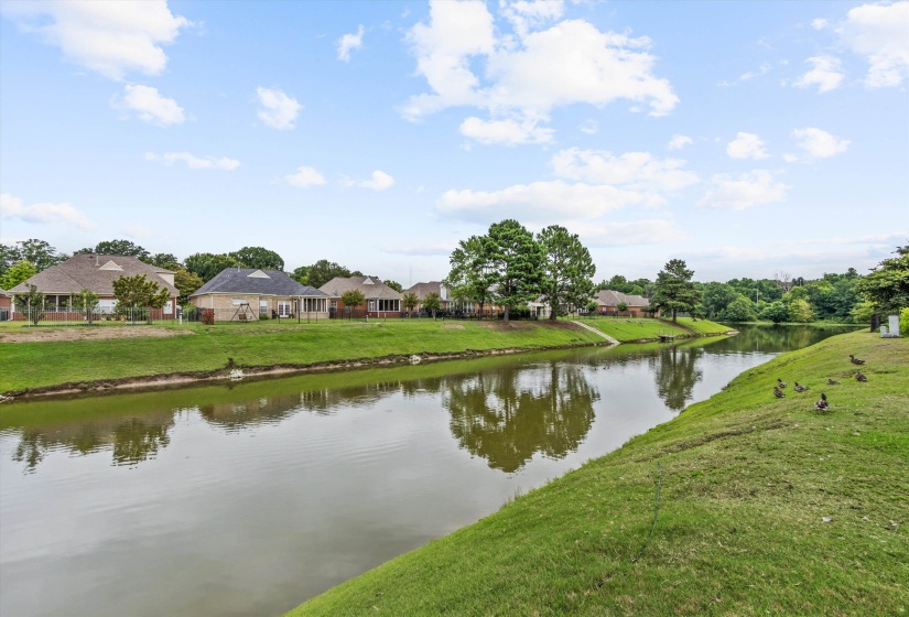 Expansive waterfront property featuring a tranquil waterway, lush green banks, mature trees, and a collection of residential homes
