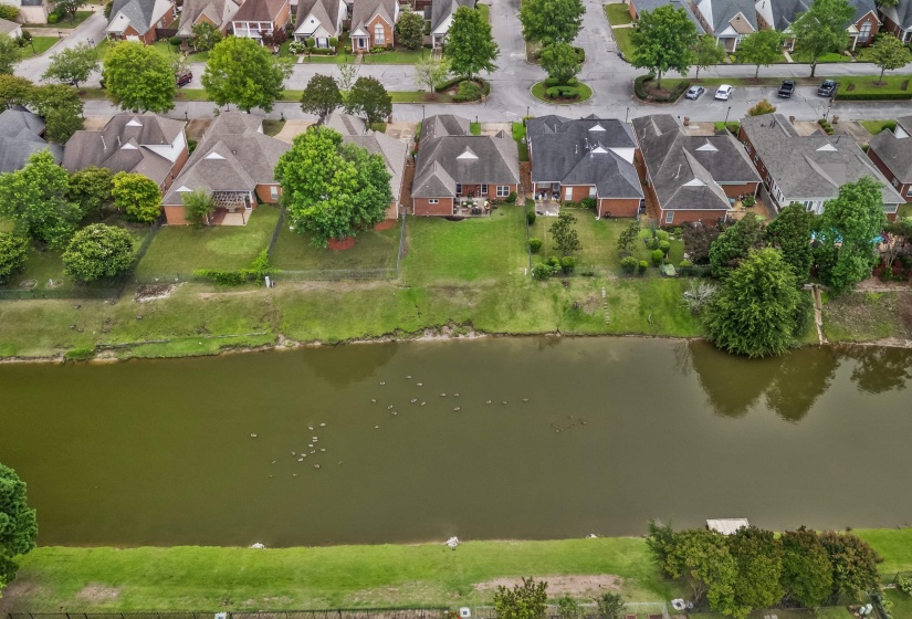 Waterfront property featuring a private dock, expansive green space, mature trees, and a paved street