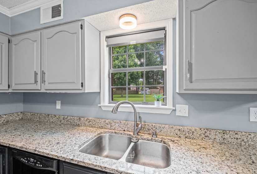 Kitchen sink area featuring a dual-basin stainless steel sink with a gooseneck faucet, granite countertops, and light gray cabinetry