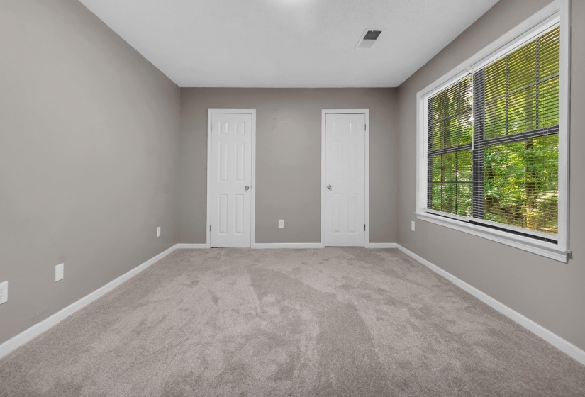 Carpeted room featuring a large window with blinds, two paneled doors, light gray walls, and white trim