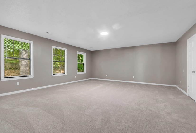Spacious room featuring neutral carpeting, light gray wall paint, and white trim