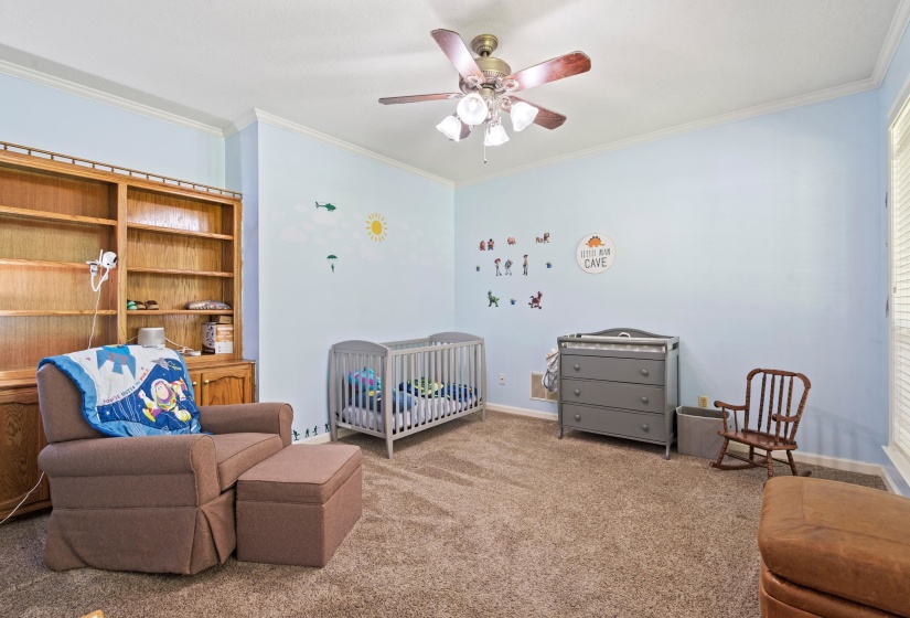 Spacious room featuring wood-finish built-in shelving, crown molding, and a ceiling fan with light fixture