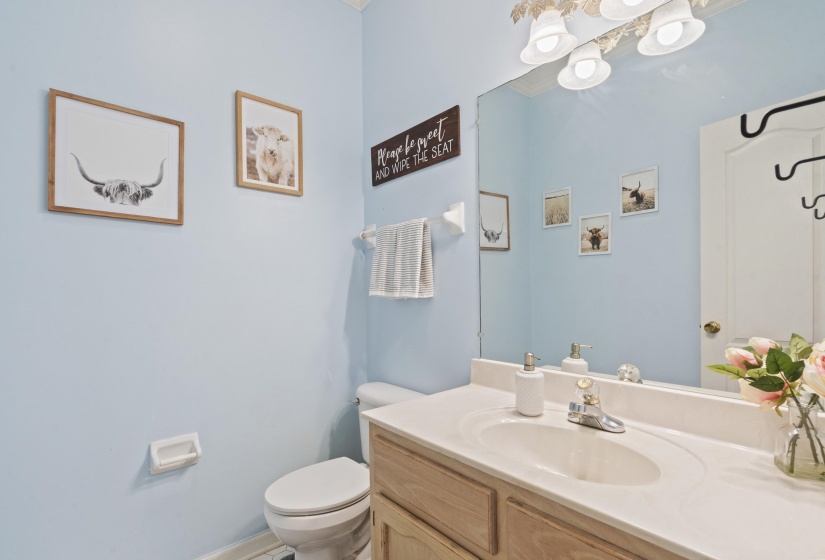 Bathroom featuring a single vanity with light wood cabinetry, a white countertop, and an integrated sink