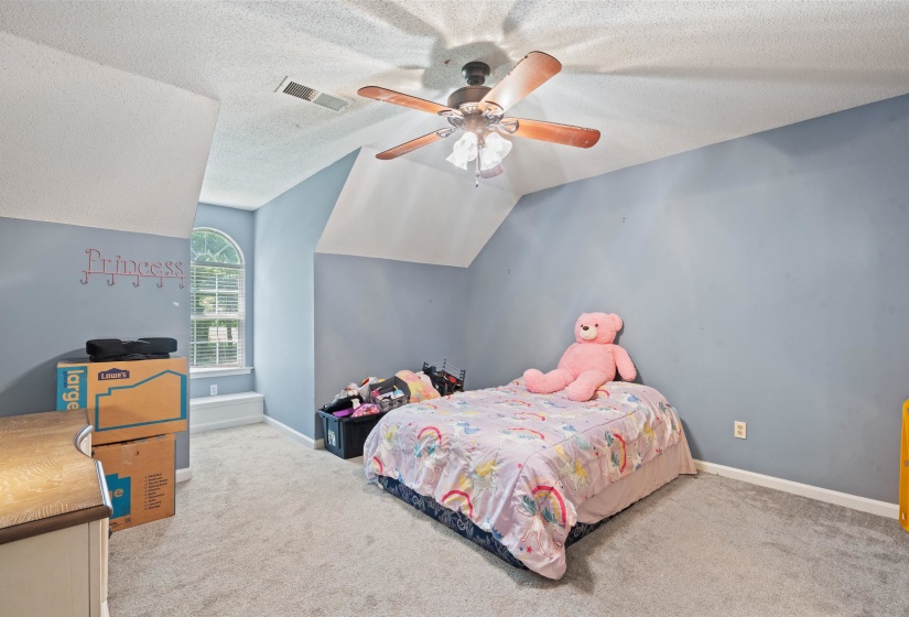 Carpeted room with a vaulted ceiling and ceiling fan