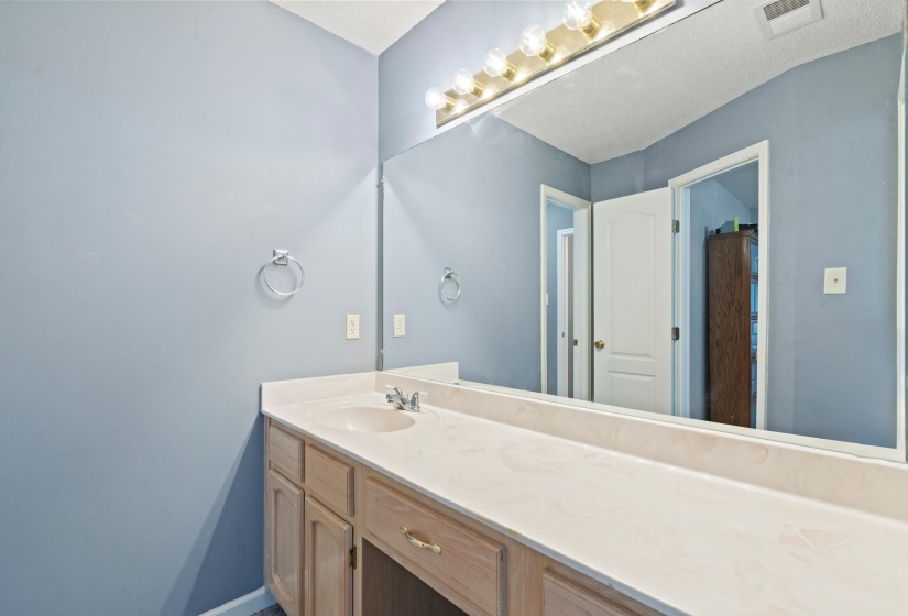 Bathroom vanity with a single basin sink, light-toned countertop, and wood-finish cabinetry