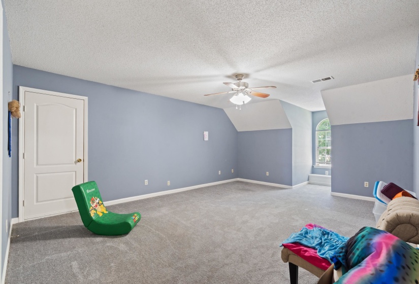 Spacious room featuring sloped ceilings, a ceiling fan with light fixture, light gray carpeting, and an arched window