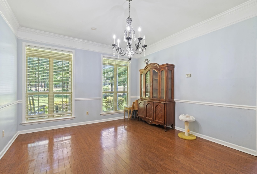 Spacious room featuring wood-finish flooring, light blue walls with chair rail molding, and white crown molding
