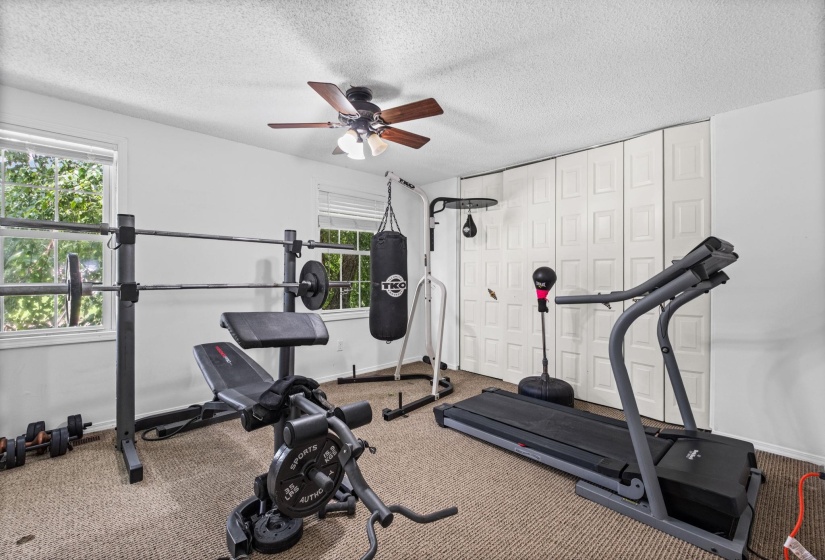 Carpeted room with white walls and a ceiling fan