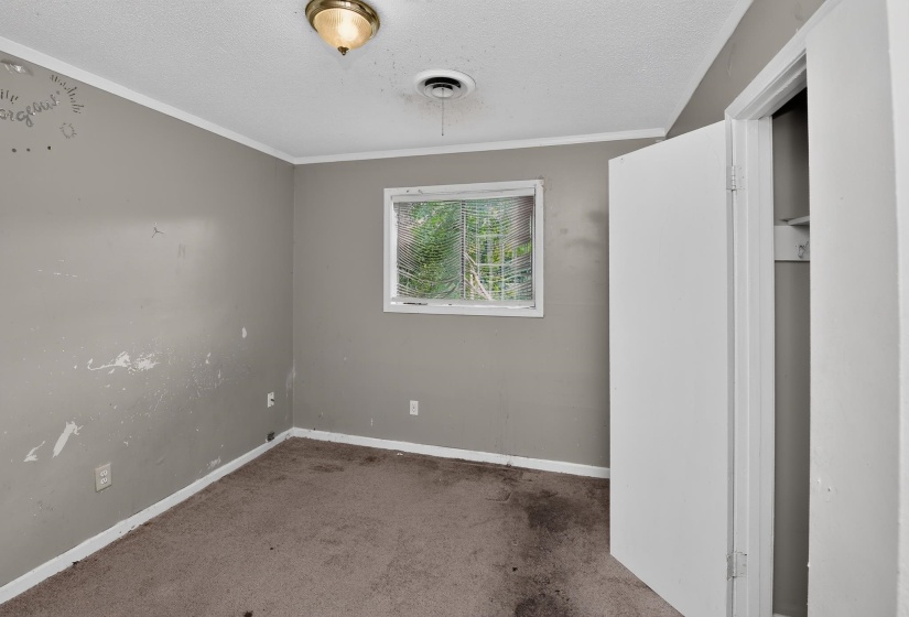 Carpeted room with a single window, white trim, and a ceiling-mounted light fixture