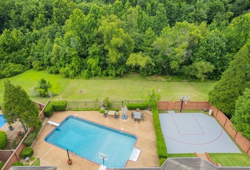 Expansive backyard featuring a rectangular swimming pool with a diving board, a paved sports court with basketball hoop, and a perimeter wood fence