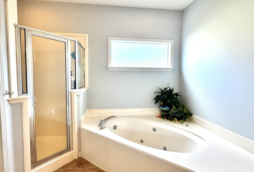 Corner jetted tub with integrated deck, adjacent to a glass-enclosed shower