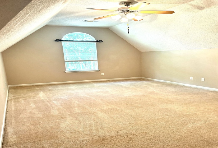 Spacious room featuring vaulted ceilings, a prominent arched window, and plush carpeting