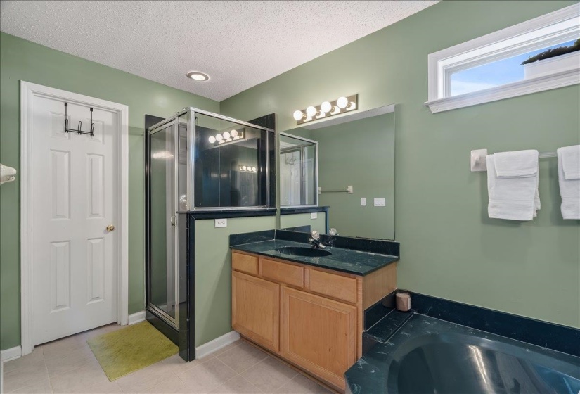 Bathroom featuring a glass-enclosed shower, a built-in soaking tub, and a vanity with a dark countertop and wood-finish cabinetry