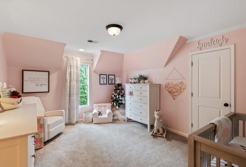 Carpeted interior room featuring angled ceilings, a single window with curtain panels, crown molding, and a white paneled door