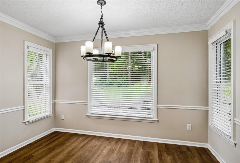 Spacious room featuring wood-finish flooring, multiple windows with blinds, crown molding, and wainscoting details