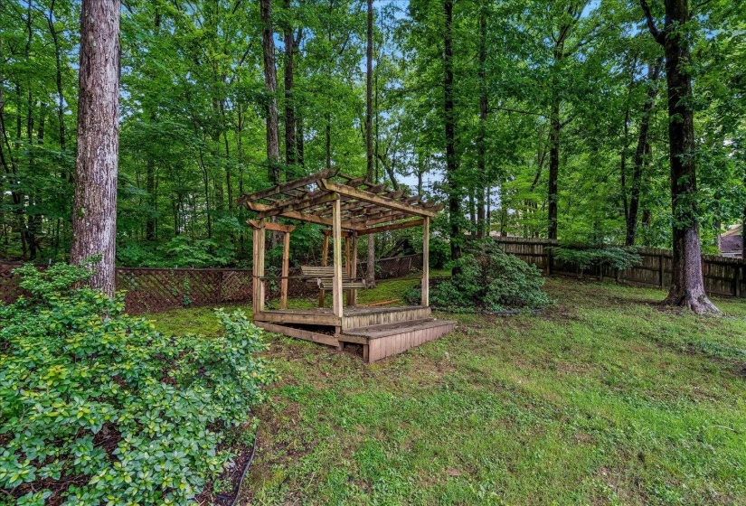 Wooden pergola structure with a tiered deck, surrounded by mature trees and lush greenery