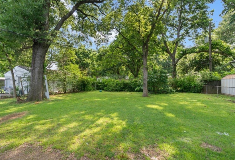 Expansive green lawn framed by mature trees
