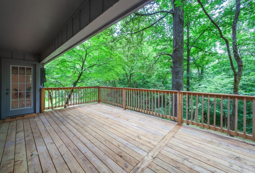 Expansive outdoor deck featuring wood flooring and railings, surrounded by mature trees