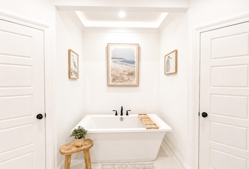 Freestanding soaking tub with matte black fixtures