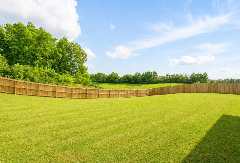 Expansive backyard featuring a manicured lawn, full wood privacy fencing, and mature tree line