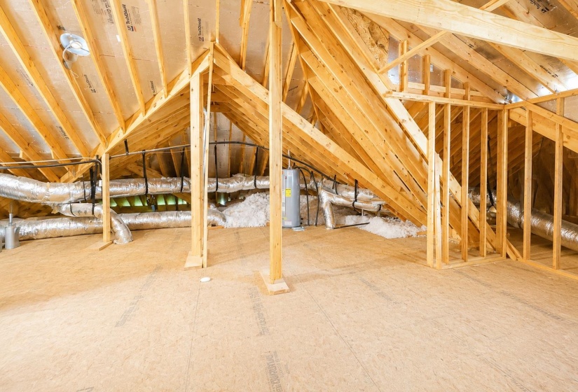 Spacious attic featuring exposed wood framing, plywood flooring, visible ductwork, and structural elements
