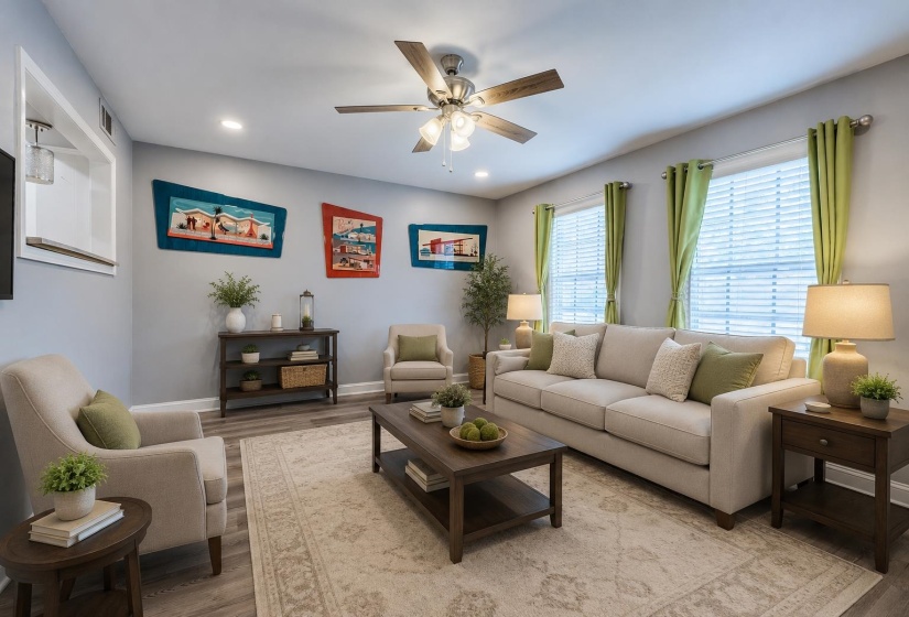 Spacious living area featuring light gray walls, wood-finish flooring, and multiple windows with blinds