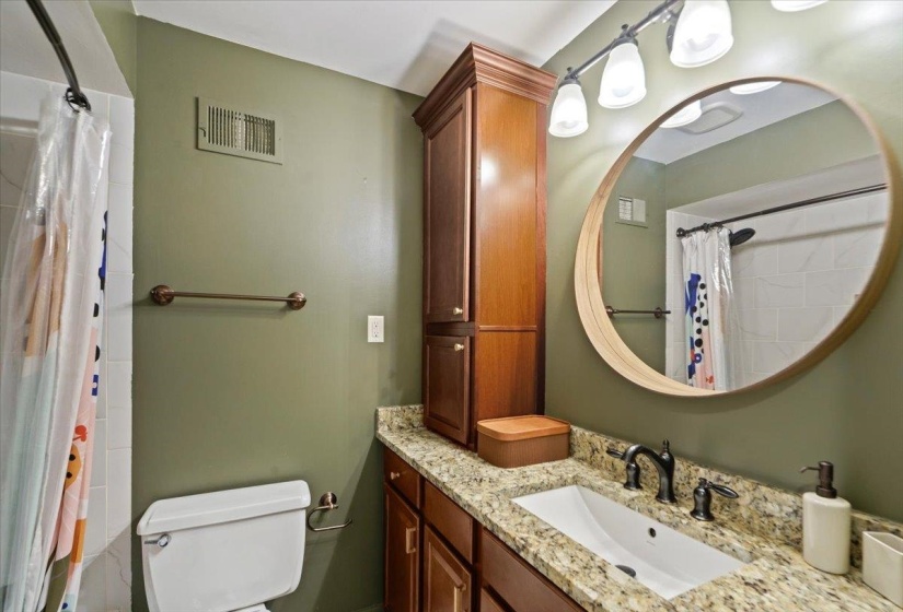 Full bathroom with toilet, visible vents, vanity, and a shower with shower curtain