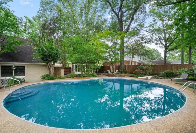 View of pool with a fenced backyard and a diving board