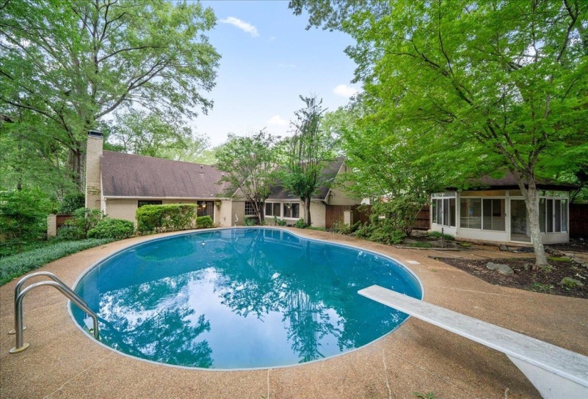 Swimming pool with a sunroom and a diving board