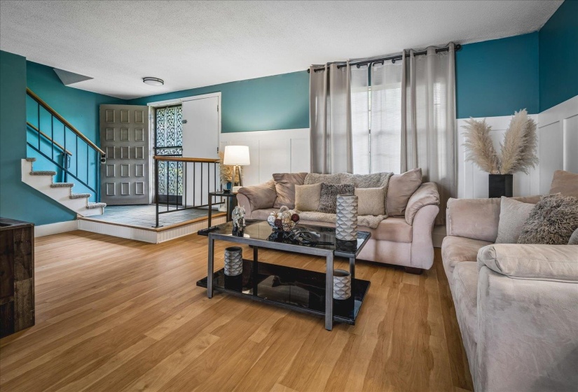 Hardwood-finish flooring throughout the main living area
