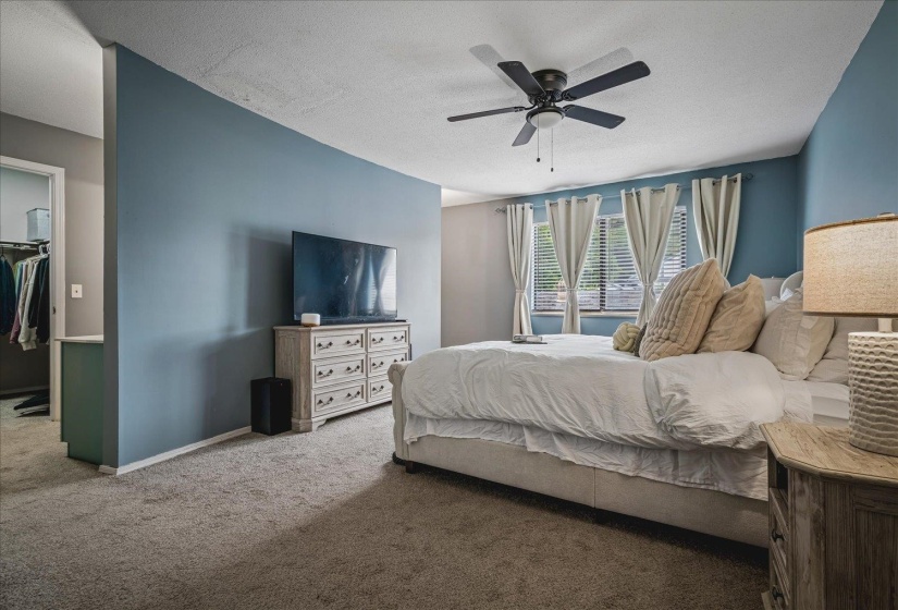 Carpeted bedroom featuring a ceiling fan with integrated lighting, multiple windows with blinds, and a walk-in closet with built-in storage