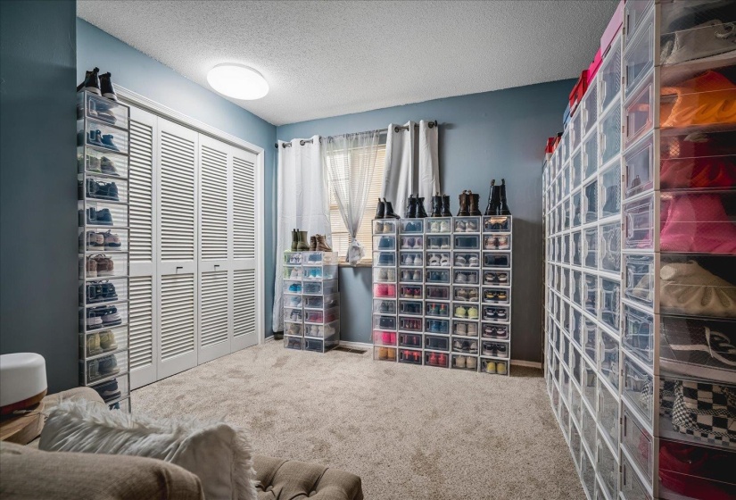 Wall-to-wall carpeting and a ceiling-mounted light fixture define this room, featuring louvered bi-fold closet doors
