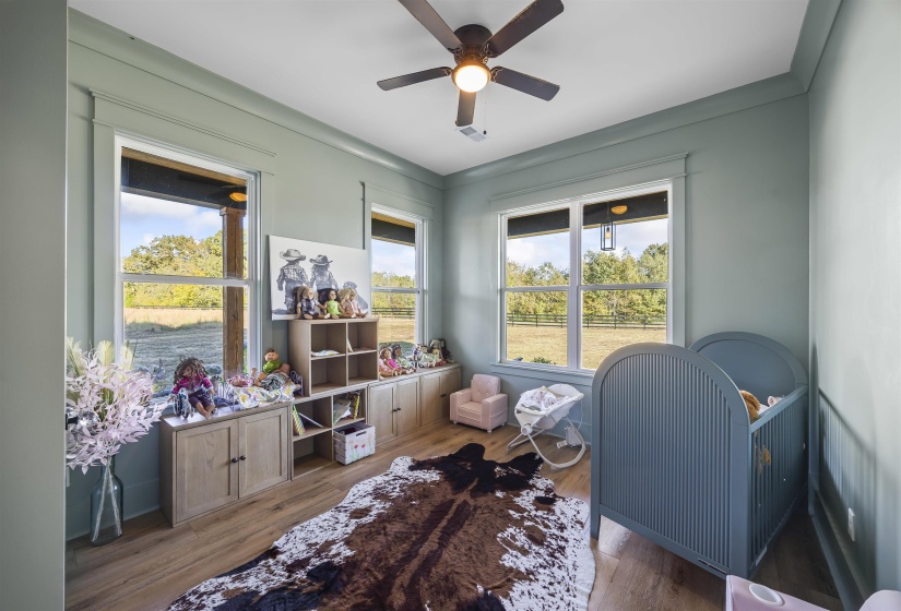 Spacious room featuring multiple large windows, wood-finish flooring, and crown molding